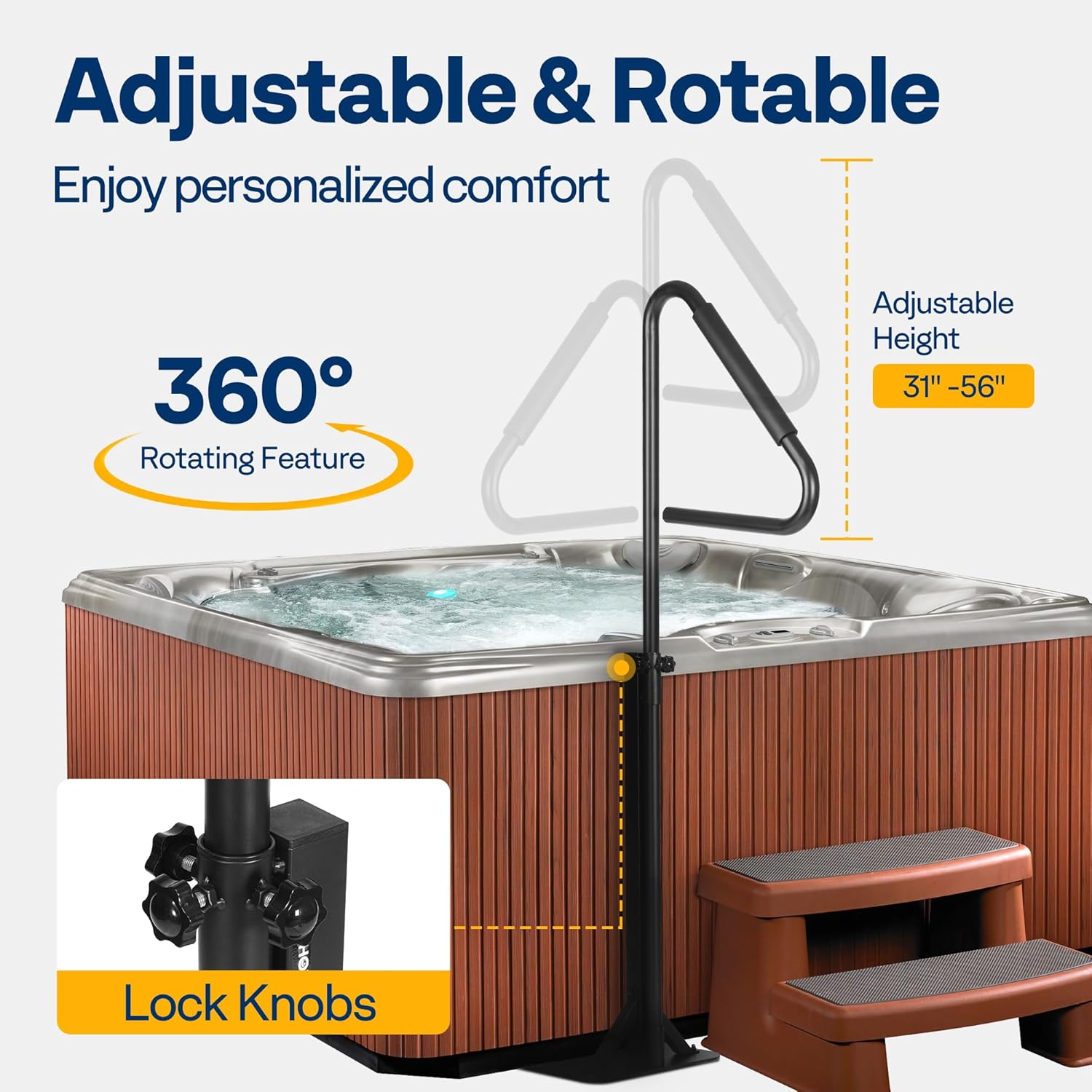 VIVOHOME 360 Rotatable Hot Tub Safety Handrail, Height Adjustable 31'' to 56'', Slide-Under Base Spa Step Handle 600 LBS Load/Rubber Sponge for Indoor Outdoor