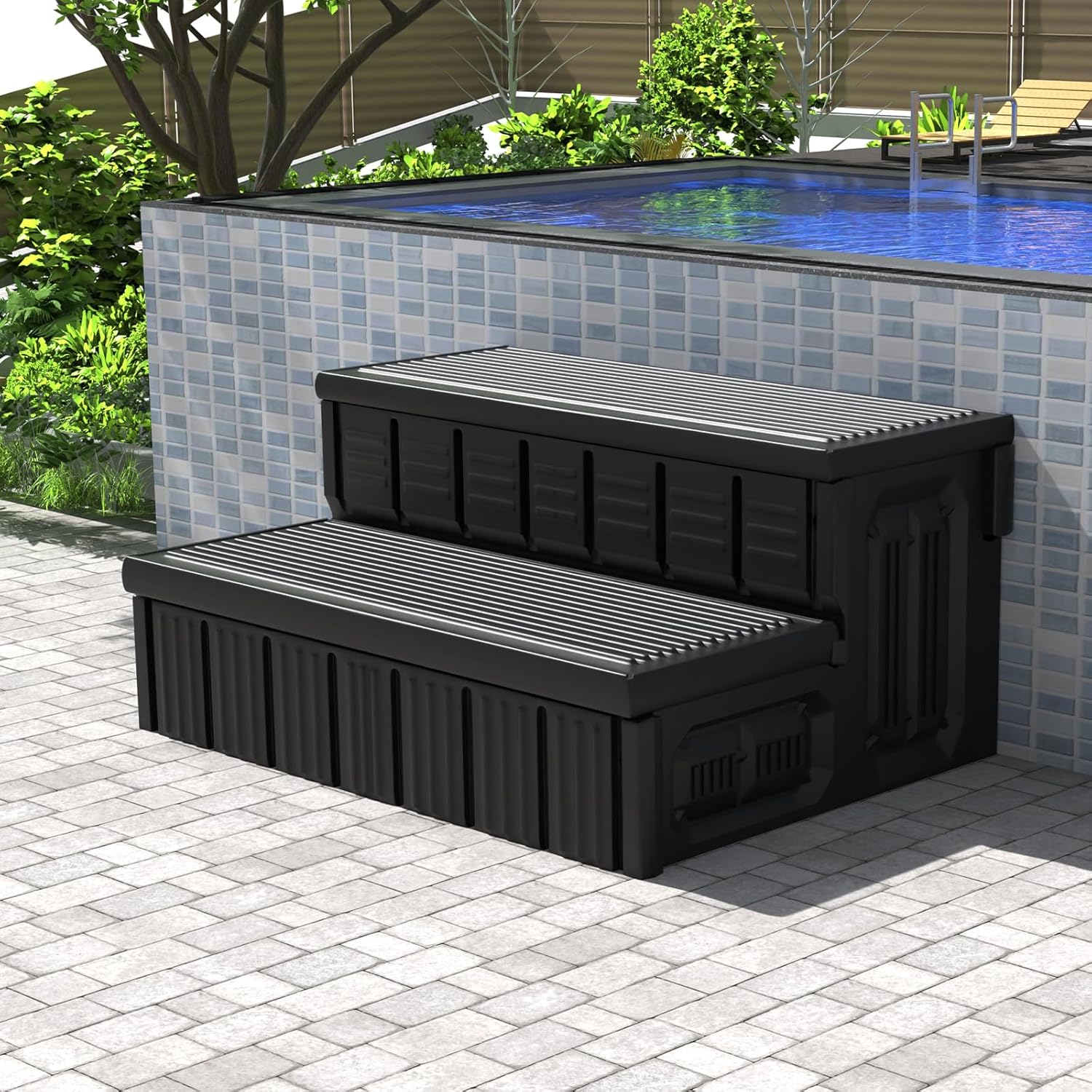 Hot Tub Steps, Outdoor Spa Steps with Storage, Non-Slip & Sturdy Hot Tub Stairs, 36 Inches Long, Black